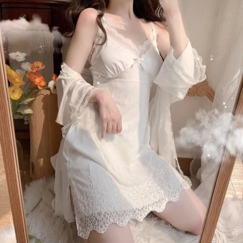 Japanese Style Soft Girl Princess Style Pajamas Sexy Lace Ribbon Chest Pad Slip Nightdress/White Cardigan Suit Female Summer