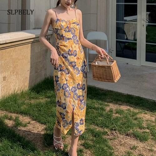 SLPBELY Women Holiday Flower Print Sling Dress Sexy Vintage Split Spaghetti Strap Vestidos Chic Casual Summer Slip Dresses