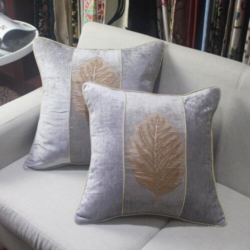 Embroidery Leaf Cushion Solid Blue Button Rope Pillow Cover Decorative Home Decoration Sofa Patchwork Pillowcase