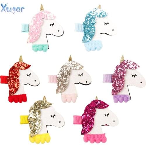 Xugar 2" Hair Accessories Hair Clips for Girls Glitter Rainbow Unicorn Kids Hair Barrettes DIY Patch Hair Bow BB Hairpins Korean