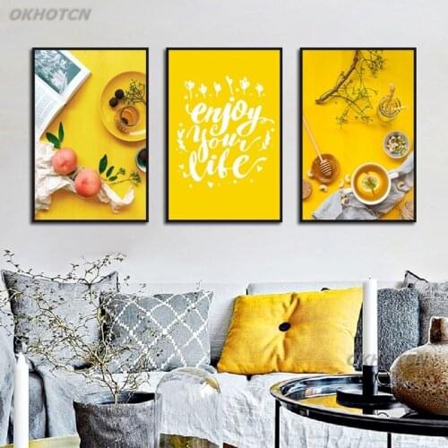 Modern Enjoy Your Life Words Coffee Peach Afternoon Tea Canvas Painting Yellow Poster And Print Wall Art Picture Home Decoration