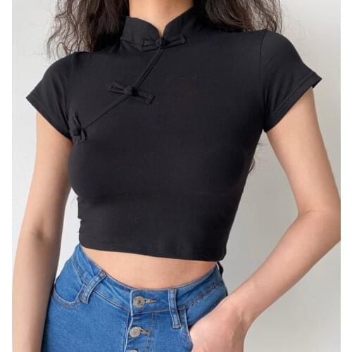 TVVOVVIN Fashionable Spring Womens New Hot Retro Disc Buttons Cheongsam Collar Short-sleeved Art Solid T-shirt IQVJ