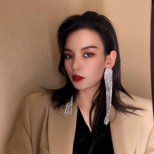 Bohemia Style Women Tassel Full Rhinestone Drop Earrings Fashion Simple Ovsize Crystal Earrings Fashion LadyJewelry Accessories