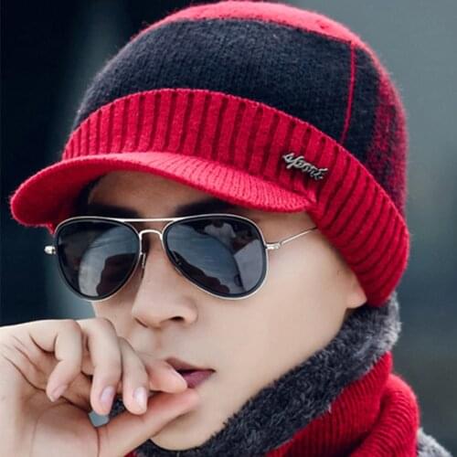 2020 New Hat Bib Men Autumn Winter Knitted Plus Velvet Warm Cotton Wool Hat Scarf Windproof Fashion 4 Colors