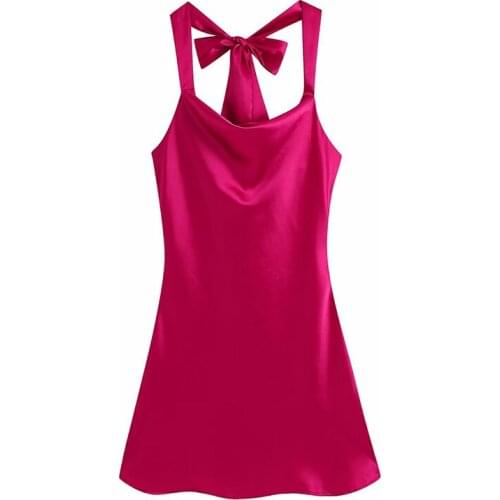 YENKYE New Fashion Women Hot Pink Sexy Halter Dress Female Sleeveless Backless Night Out Summer Vestido Short Robe