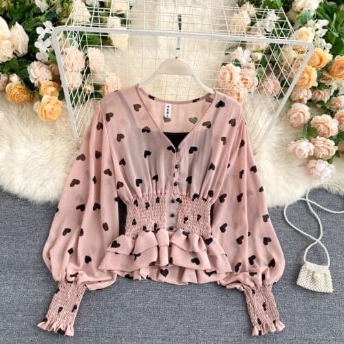 Sweet Hearts Polka Dots V-neck Chiffon Blouse Women Slim Elastic Waist Lantern Sleeves Twinset Chiffon Shirt Top
