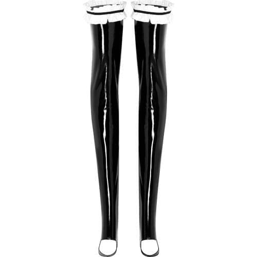 Women Sexy Latex Tight High Stockings Wet Look PVC Leather Thigh Pantyhose Clubwear Lingerie Stay Up Lace Ruffled Tight Stocking