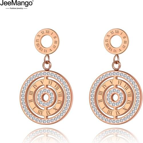 JeeMango Vintage 316L Stainless Steel Roman Numerals Earrings Bohemia Rhinestone Stud Earrings Jewelry For Women Серьги JE20047