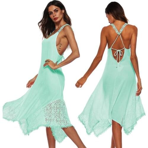 Hot Casual Elegant Dress Women Sleeveless Backless Lacing Irregular Lace Hem Plus Size Low-cut Midi Dress Vestidos Robe New 2021