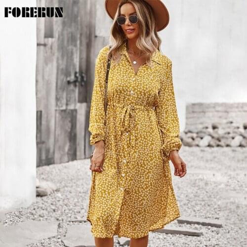FORERUN Floral Shirt Dress Women Boho Turn Down Collar Slim Waist Lantern Long Sleeve Fashion Elegant Long Dresses Robe Femme