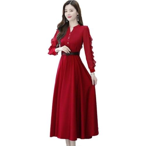 2021 New Spring Autumn Female Long Sleeve Solid Slim A-line Maxi Dress Fashion Women Chiffon Patchwork Robe Vestidos Elegantes
