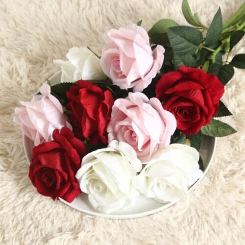 10pcs Real Touch Artificial Rose 10cm Big Rose Flower Branch Fake Floral Wedding Bouquet Valentines Day Gift Home Vase Decor