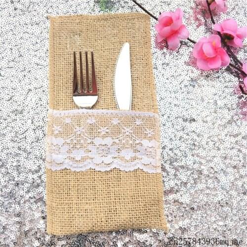 300pcs Linen Lace Cutlery Bags Vintage Cutlery Holder Tableware Bags for Party Festival Banquet Wedding Decoration