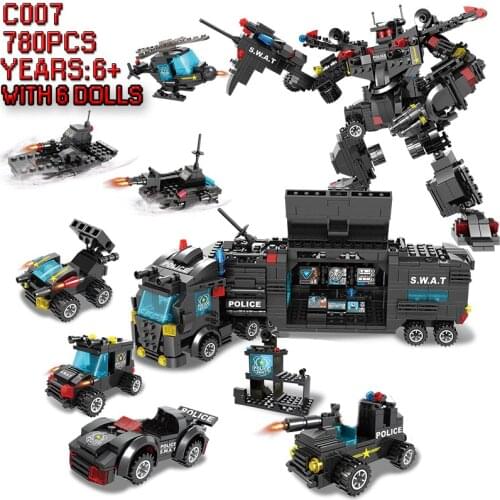 780 pcs Police Robot 6 Mini Figures Bricks Set SWAT City Police Station Building Blocks Children Car Truck Boys Birthday Gifts