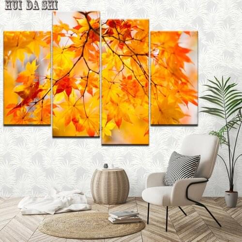 Abstract Red maple Gold Tree Leaves Canvas Painting Wall Art Picture 4 Pieces Home Decor Living Room HD Printed Poster Murals