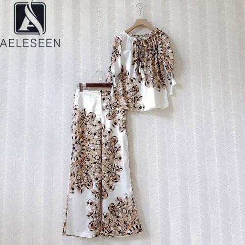 AELESEEN Women Casual Sets 2021 Lantern Sleeve Loose Style Blouse+Waist Elastic Full-Lenght Pants Flower Print 2 Pieces Sets