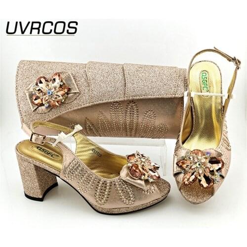 Champagne Arrival Italian Design Colorful Crystal and Metal Decoration Style African Wedding Women Shoes and Bag Set for Party