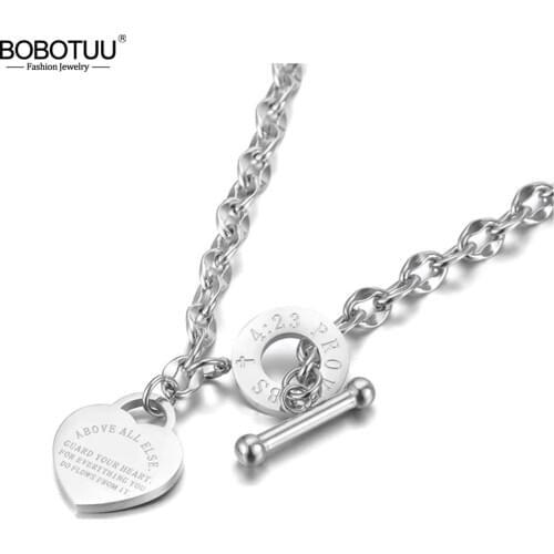 BOBOTUU Neo-Gothic Stainless Steel Love Heart Charm Pendant Necklaces For Women Religious Bible Proverbs Chain Necklace BN19085