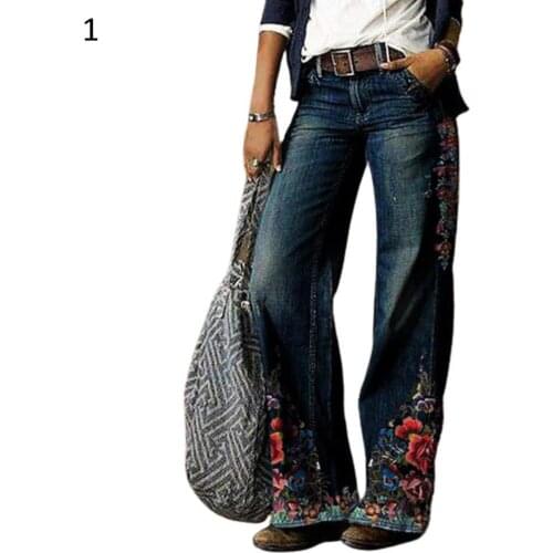 Floral Denim Women jeans Retro High Waist Wide Leg Floral Print Long Loose Jeans Pants Trousers Boyfriend New Jeans джинсы
