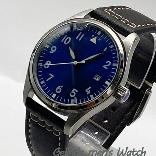 Classic Fashion 40mm Luminous Mens Sports Military Luxury Mechanical Automatic Blue Sterile Dial Brown Leather