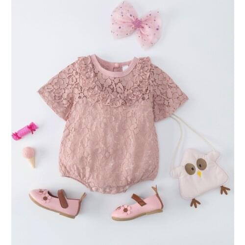Newborn Infant Baby Girls Bodysuits One Piece Floral Lace Ruffled Collar Back Crotch Button Jumpsuits 0-18M