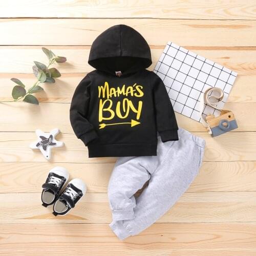 Suitable for 3-24 month old baby boy hooded suit letter long sleeve Pullover black top + long pants baby suit comfortable cotton