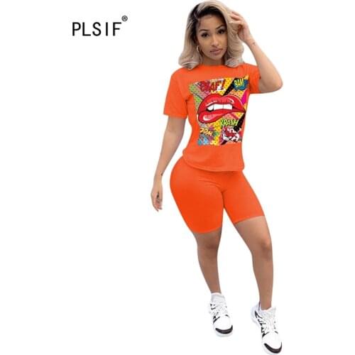 Fashion style lady costume rainbow letters / lip print tees top + skinny shorts 2 piece set tide casual fitness suit