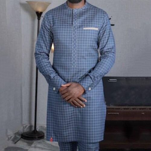 Mens Muslim T-shirt Islamic Plaid Striped Mid-length Casual Shirts Dashiki Fashion Mens Clothing 2021 African Chilaba Man