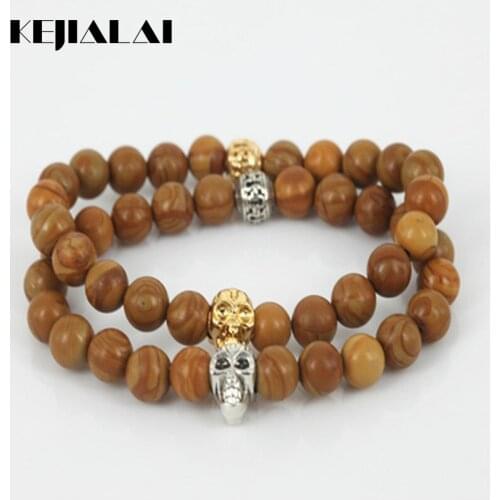 Beaded Gold/Silver Color Skull Head Men Charm Stretch Bracelet Natural 8mm Tree Grain Stone Round Gem Stone Beads Women Bracelet