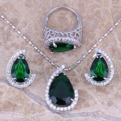 Green Cubic Zirconia Silver Plated Jewelry Sets Earrings Pendant Ring Size 6 / 7 / 8 / 9 / 10 Free S0005