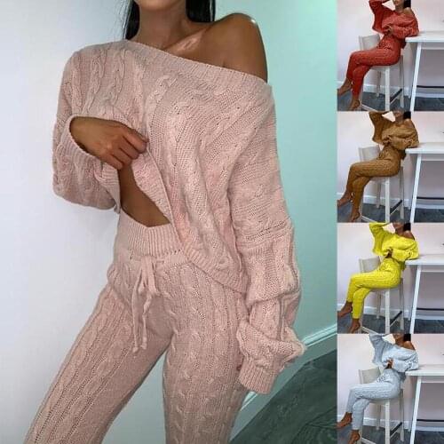 Autumn Winter Knitted Two Piece Set Women Outfits Long Sleeve One Shoulder Sweater Pullovers Skinny Pants Set Women Tracksuit