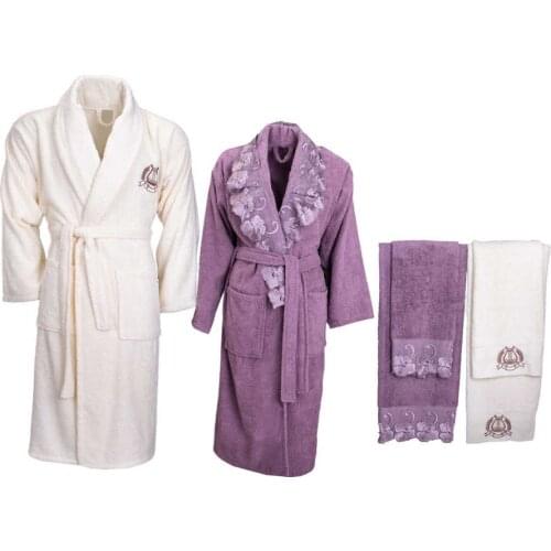Couples Cotton Robe Spa Bathrobe Set - Unisex Hotel Robe with Elegant Net and Embroidery CREAM-PURPLE