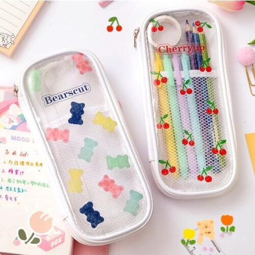 Ins Cartoon Daisy Cherry Pencil Bag Transparent Waterproof Multi-function Student Pencil Pencil Case Stationery School Supplies