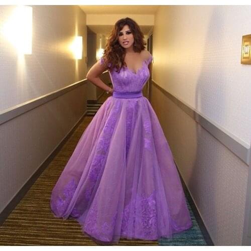 2015 Inspired by Najwa Karam Celebrity Dresses Saudi Arabia Dubai Appliques Purple Violet Evening Prom Formal Gowns Vestidos