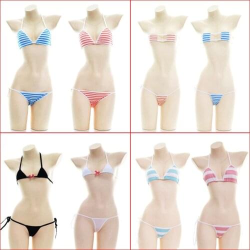 Japanest Style Sexy Lolita Lingerie Set Erotic Adult Cosplay Costumes Bra Blue Pink White Striped Sexy Bikini Women Underwear