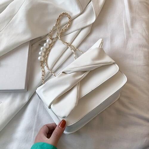 High-quality PU Shoulder Bag 2021 New Trendy Fashion Bowknot Female Summer Pearl Chain Messenger Bag Small Flap Handbags Purse