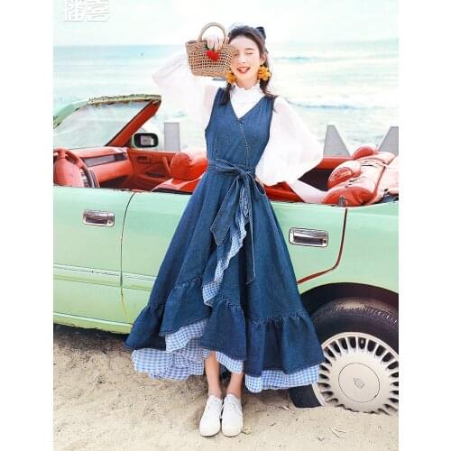 TIYIHAILEY Free Shipping 2021 New Long Maxi Denim Spring Boshow Sleeveless Tank Dress With Belt V-neck Patchwork Plaid Autumn