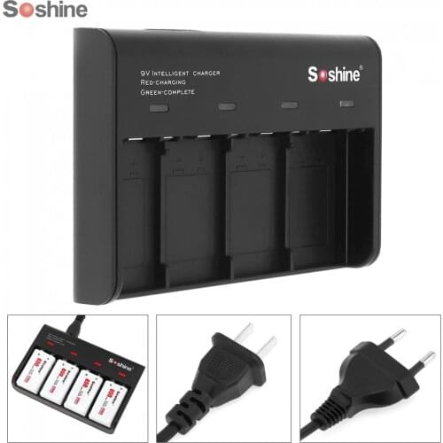 Soshine Black 4 Slots Smart Intelligent Battery Charger with LED Indicator for 9V Li-ion Ni-MH NiMH LiFePO4 Rechargeable Battery