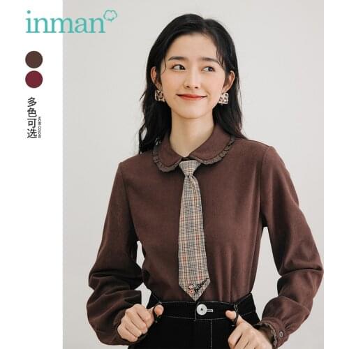 INMAN Womens Blouse Autumn Winter Vintage Elegant Cute Lace Splicing Doll Collar Design Brown or Wine Red Long Sleeve Shirt