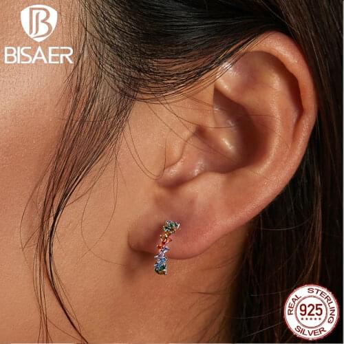 BISAER Coloful Crystal Earrings For Women 925 Sterling Silver Hoop Earrings Jewelry Fashion Jewelry Accessories Gifts ECE1272