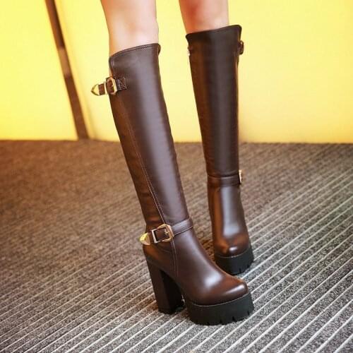 2020 Fashion Platform Knee High Boots Women Square High Heel Long Boots Woman Pu Leather Shoes Autumn Winter Size 34-43