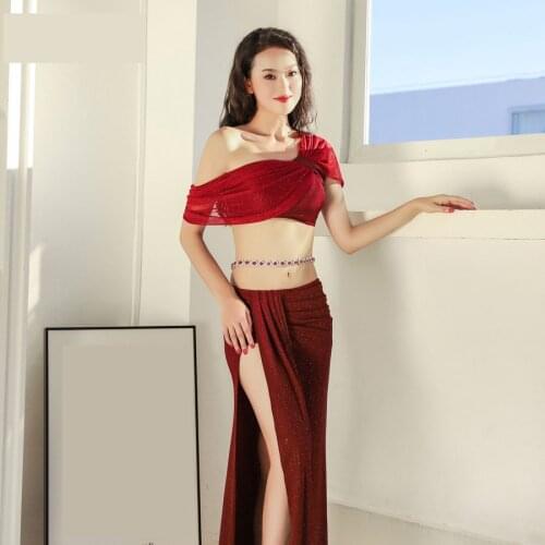 Bellydance Oblique Shoulder Gauze Sexy Belly Dance Placketing Long Skirt 2pcs Set for Women Performance Wears Costumes ZM307