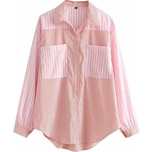 2021 Womens Fashion Casual Color Matching Stripe Top Female Pink Lapel Pocket Long Sleeve Single Row Buttons Top