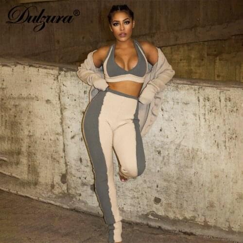 Dulzura Ribbed Knitted Women Patchwork 2 Piece Set V Neck Tanks Pants Bodycon Sexy Streetwear Sporty Casual 2021 Summer Outfit