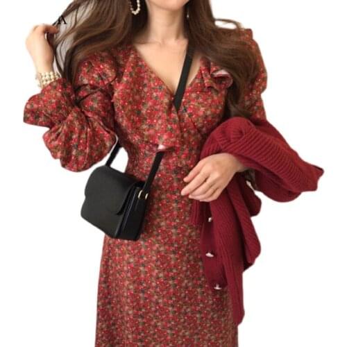 2021spring Summer New Dress Long Dress Female Korean One-Piece Fashion Chiffon Floral Dress V-Neck Ruffle Stitching Casual Dress