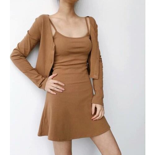 WOMENGAGA Spring New Korean Style Small Fresh And Slim Big Round Neck Fairy Two-piece Sling Solid Dress WRMC