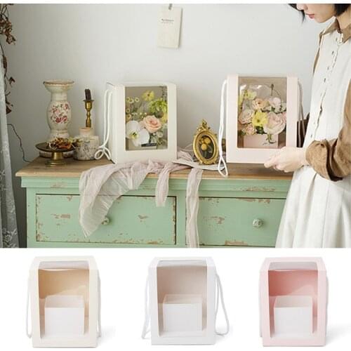 1pcs Square Paper Flower Box with Handle Packaging Flowers Clear Single-sided Window Bouquet Arrangement Boxes Surprise Gift Box