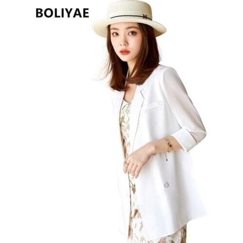 Boliyae 2021 White Women Blazers Spring Autumn Double Breasted Casual JacketsOffice Suits Slim Solid Female Outerwear Chic Tops