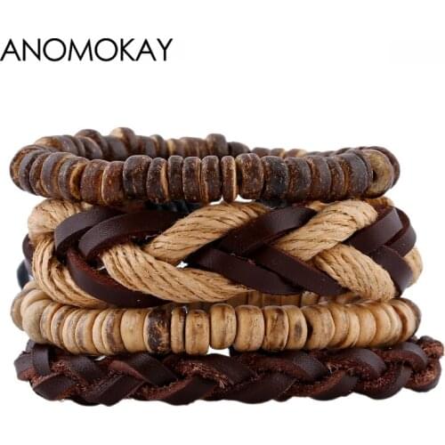 ANOMOKAY 4 PCS/SET Vintage Cow Leather Strap Bracelet Handmade Multilayer Rope Wood Bead Bracelet Bangle for Birthday Gift