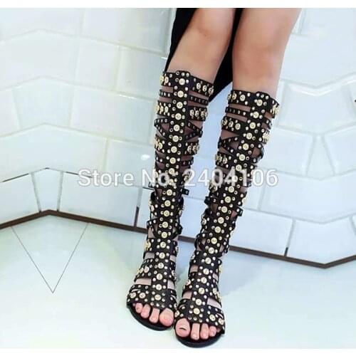 Big Size 34-42 Punk Fashion Golden Metal Rivet Studs Gladiator Sandals Peep Toe Long Flat Boots Black Leather Summer Shoes Women